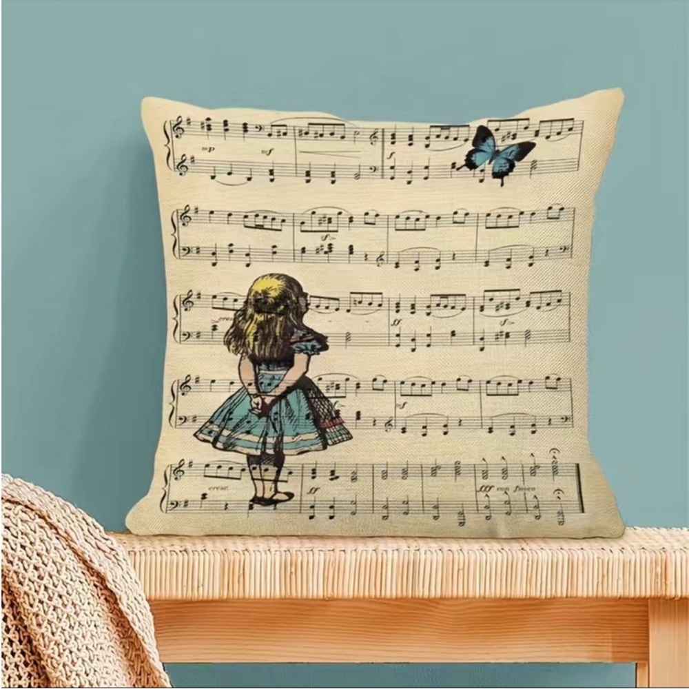 1Pc‎ Girl And Butterfly Musical Notes Throw Pillowcase  Single Print 17”x17”